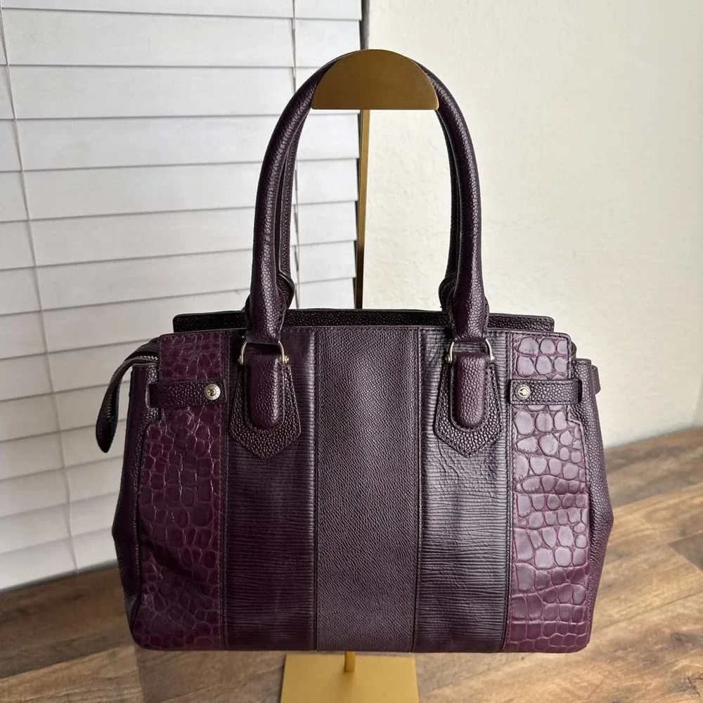 Henri Bendel Leather Patchwork Satchel Burgundy Croc Embossed Limited Edition